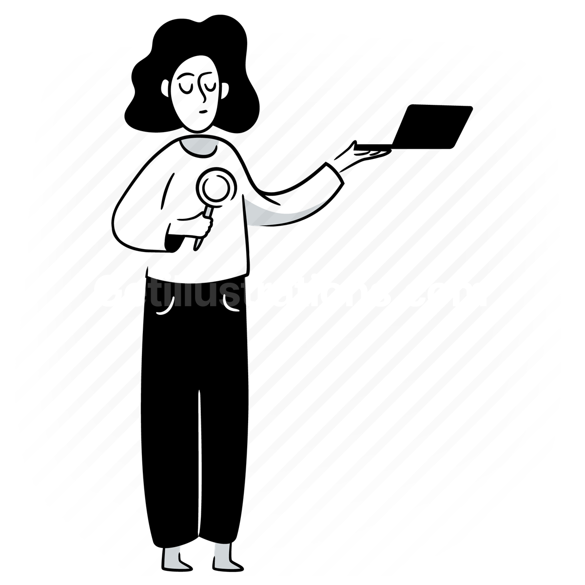laptop, computer, device, electronic, magnifier, scan, find, woman